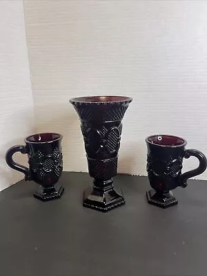 1876 Avon Cape Cod Pedestal Ruby Red Glass Vase 8” Tall - Vintage & 2 Mugs • $12