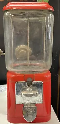 Vintage Acorn 1 Cent Penny Gumball Machine Red Cast Glass Globe Oak No Key Works • $152.28