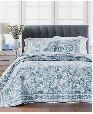 Martha Stewart Jacobean Toile Cotton King Quilt Coverlet Bedspread Blue Flower • $129