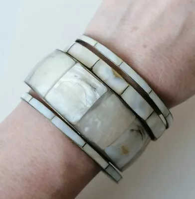 Vintage Stacking Bangles Shell Inlay Lot X 4 Bohemian Festival Summer • £8.99