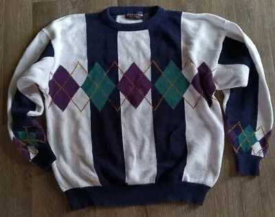 Vintage New River J Riggins Mens Argyle Stripe Crew Neck Knit Sweater Large • $21.25