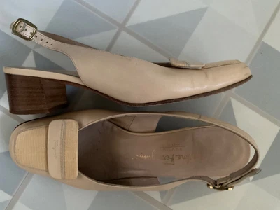 £39.99 • Buy Vintage 60s Salvatore Ferragamo Beige Yellow All Leather Slingback Shoes 4.5 5