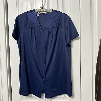 Vintage Vanity Fair Pajama Top Womens Medium Large Navy Blue Nylon Button Front • $14.99