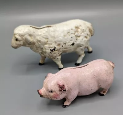 VTG Heavy Cast Iron 4  Pig & 5  Sheep Coin Banks • $39.99