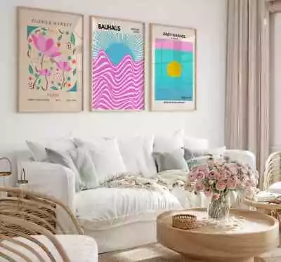£7.99 • Buy Set Of 3 Exhibition Wall Art Pink Blue Matisse Flower Market Bauhaus Poster