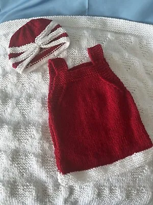 Hand Knitted Baby Pinafore Dress With Matching Turban - Red & White Newborn • £10