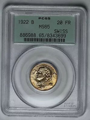 1922-B Swiss GOLD 20 FR PCGS MS65 OGH Old Green Holder Switzerland Twenty Francs • $599