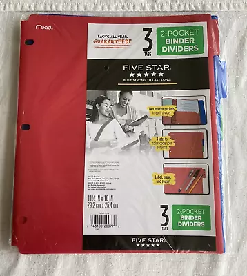 Mead Five Star Pack Of 3 Tabs 2-pocket Binder Dividers Red Royal Blue Green NIP • $9.99