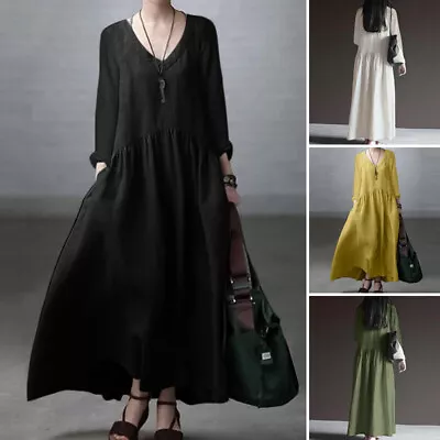 UK Womens Autumn Baggy Kaftan Shirt Dress Ladies Casual Tunic Loose Maxi Dresses • £17