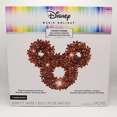 Disney Mickey Mouse Ears 24” Christmas Red Glitter Poinsettia Lighted Wreath • $66.47