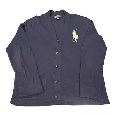 Vintage Polo Ralph Lauren Big Pony Cardigan XL Navy Blue Pockets • $44.97