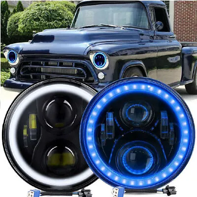 Pair 7  Round LED Headlights Hi/Lo Beam Blue DRL Halo Fit Chevy Truck Camaro C10 • $41.78