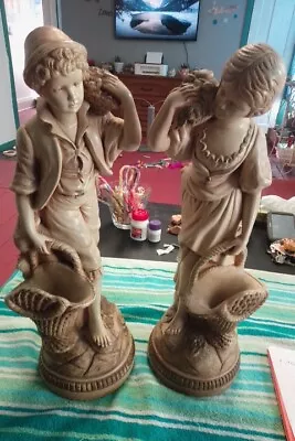 Vintage Pair Of Marwal Inc Boy And Girl Tray Chalkware Statues GREAT CONDITION!! • $280