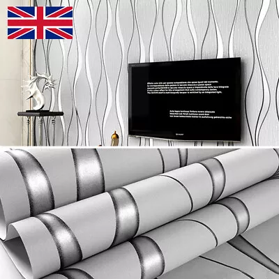 3D Damask Wave Wallpaper Roll Silver&Grey White Wall Paper Rolls Home Decor 10M • £7.59