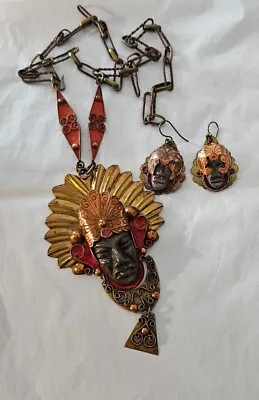 HUGE 1940 Diaz Santoyo Mixed Metals Mexico Aztec Shaman Face NECKLACE & EARRINGS • $275