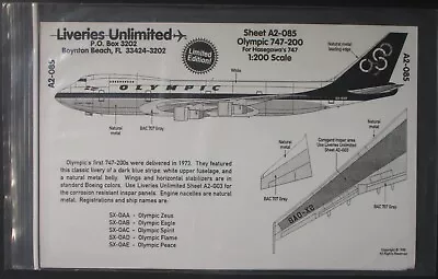 Liveries Unlimited 1/200th Scale Olympic 747-200 Decal Sheet No. A2-085 • $25.99