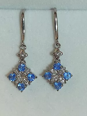 Vintage 925 Sterling Silver Natural Swiss Blue Topaz Zirconia Diamond Earrings • $19.99