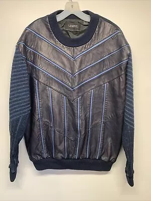 Vintage 80’s Men’s Saxony Collection Blue Leather & Knit Sweater L Large • $49.99