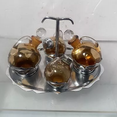 $89 • Buy Farber Bros Krome Kraft Amber Glass Salt Pepper Oil Vinegar Tray Pat. Date 1932
