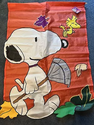 NEW Peanuts Snoopy Woodstock Fall Autumn Rake Leaves Large Flag 28 X 38” • $29