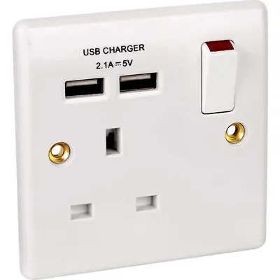 Single 1 Gang Wall Socket 13A With Twin USB Charger Port Plug Switched Socket • £11.99