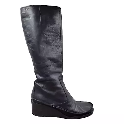 Via Spiga Knee High Wedge Boots Women's 6M Black Leather Zip Fashion Split Toe • $29.98