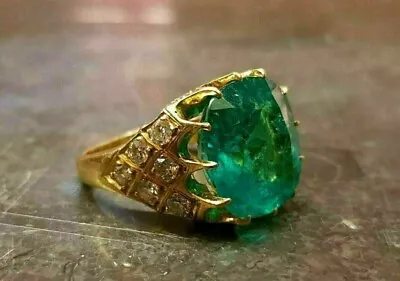 7Ct Cushion Cut Simulated Emerald & Diamond Men's Ring 14K Yellow Gold Plated • $106.07