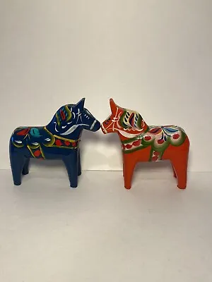 Dala Horses Hand Painted Nils Olsson Set Of 2 Blue & Red 3” Vtg 1 Sticker • $36