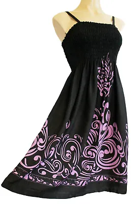 Strappy Summer Beach Dress Elasticated Size 10-16 BLACK With Purple PRINT New • £16.97
