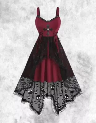 New Wine Red & Black Gothic Cross Skull Lace Corset Side Dress Size 2XL 20 22 24 • $49.31