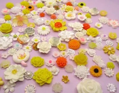 200 Resin Flower Embellishments White Yellow 8-40mm Roses Peony Daisy 100 Types • £3.89