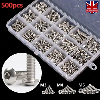 500Pcs Assorted M3 M4 M5 Stainless Steel Hex Screws & Socket Bolts And Nuts Set • £8.99