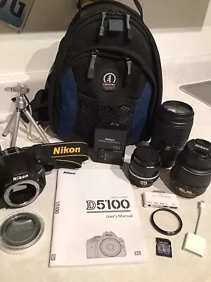 Nikon D5100 Dslr Bundle Body 3 Lenses Battery/charger Tripod Backpack Plus More • $445