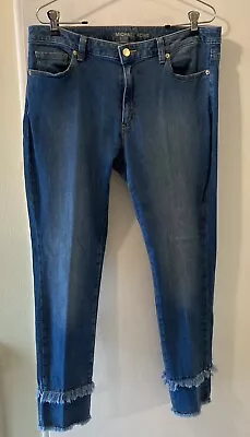 Michael Kors Women's Izzy Skinny Blue Jeans Fringed Raw Hem Ankle Size 10 • $19.95