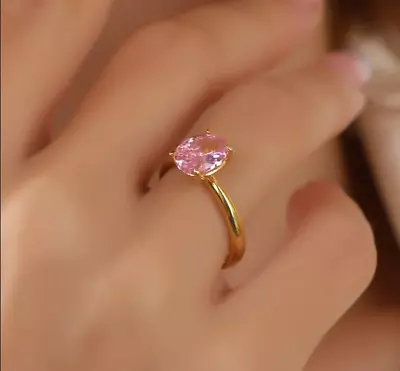 Pink Oval Cut Solitaire Ring 14K Yellow Gold Over CZ Diamond 7x5 MM For Women • $29.99