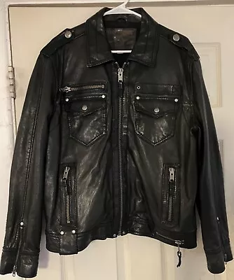 TRUE RELIGION Men's Black Leather Jacket - Motorcycle Jacket - Size Large • $150