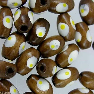 £1.95 • Buy Beads, Brown Oval Hand Painted Egg Pattern Craft Jewellery Patterned Wooden W186