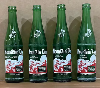 Lot Of 4 Vintage Mountain Dew Bottles W/ Unique Names Under The Word “Mountain” • $30