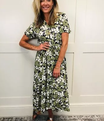 New Womens QED London Green Floral Dipped Hem Midi Dress UK Size 10 • £19.99