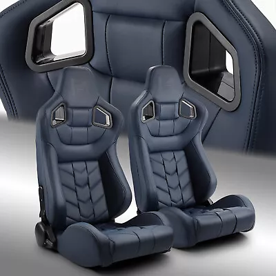 Blue PVC Reclinable Pure Series Sport Racing Seats Pair W/Slider Left/Right • $341.98