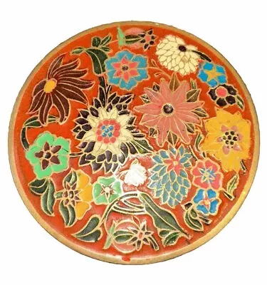 Vintage Enameled Round Brass Trinket Box Made In India Floral Lid 4” Diam. EUC • $9.99