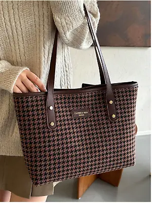 Brown Houndstooth Large Capacity Laptop Tote Bag Simple Casual Shoulder Bag • $32.99