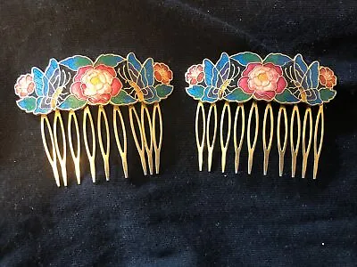 Vintage Lot Of 2 Cloisonné Gold Tone Hair Comb Floral Butterfly Design Enamel • $24.99