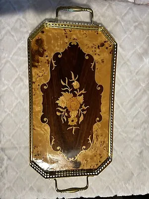 Vintage Italian Marquetry Brass & Wood Veneer Inlay Gallery Serving Tray  16 1/2 • $55