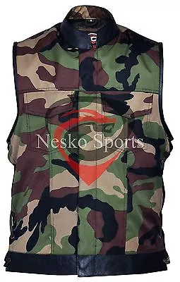 Military Print Camouflage Camo Cut Off Leather Lace Motorcycle Vest Waistcoat • $57.99