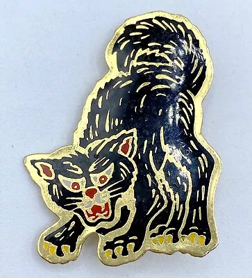 F3-2160 Vintage Brooch Gold Tone Pin 1.5  Animal Black Enamel Cat • $4.99