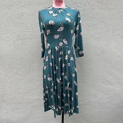 Modcloth Appeal Midi Raccoon Teal Casual Long Sleeve Dress Short Whimsical S • $19.99