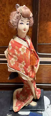 Geisha Doll Vintage Japanese Kimono Fabric Painted Face Wood Base 38cm 15 Inches • $25