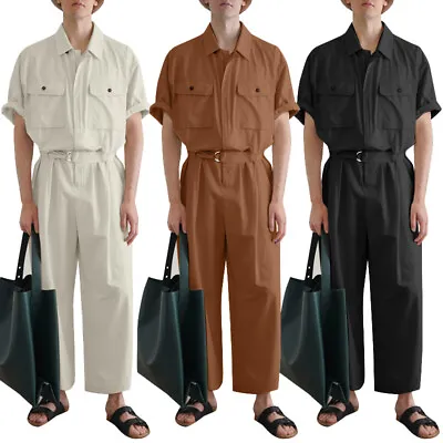 Fashion Mens Short Sleeve Pockets Jumpsuits Casual Loose Overalls Belted Plus • $30.71