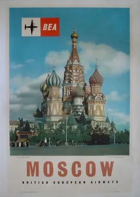 BEA BRITISH EUROPEAN AIRWAYS MOSCOW RUSSIA 1960 Travel Airlines Poster LINEN • $500